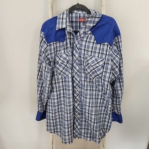 Red Ranch 2XL blue metallic plaid pearl snap western long sleeve top